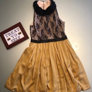 Minuet Lace High Collar Pleated Skirt Dress